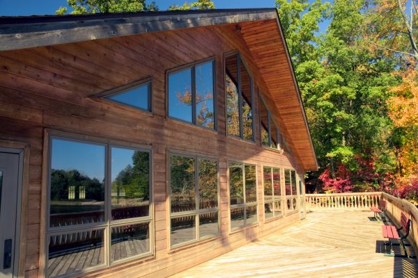 Beautiful reflections of the fall colors in the windows of this lodge.